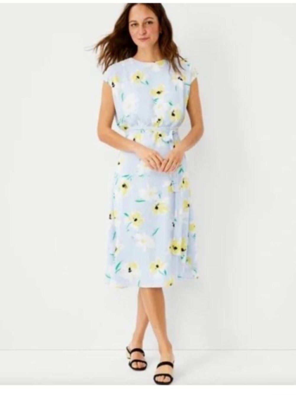 Ann Taylor Blue Floral Tie Waist Midi Dress Size 4